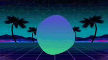 a purple and green egg is surrounded by palm trees