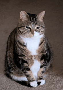 a cat sitting on the floor looking at the camera with a serious look on its face