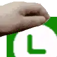 a close up of a person 's hand holding a green l on a green background .