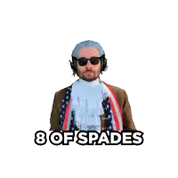 a man wearing headphones and sunglasses holds up an ace of spades