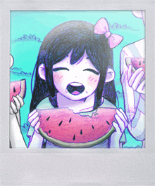 a girl with a bow on her head is eating a watermelon