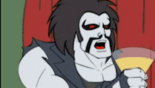 a cartoon of a man with a mustache holding a drink