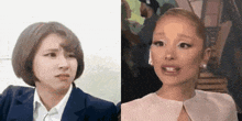 a woman in a suit is making a funny face next to a woman in a pink dress making a funny face .