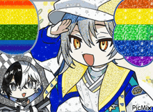 a couple of anime characters are standing next to each other with a rainbow flag in the background