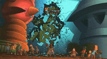 a group of cartoon characters are standing in front of a monster