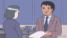 a cartoon of a woman giving a man a piece of paper with gifrun.com at the bottom