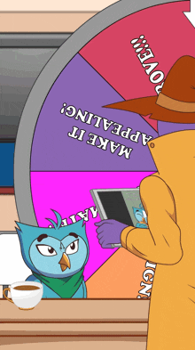 a cartoon of a man and an owl with the words make it appealing