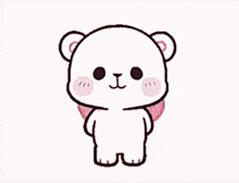 a white teddy bear is holding a pink heart with the word chau on it surrounded by pink hearts .