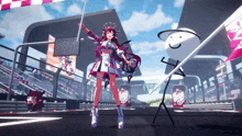a girl holding a flag stands next to a stick figure with a hat and a sign that says top