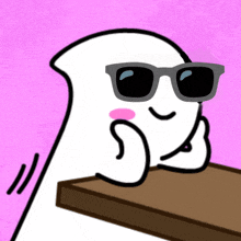 a cartoon ghost wearing sunglasses is sitting on a wooden table