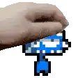 a pixel art of a hand holding a blue key