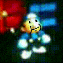 a pixelated image of a cartoon character with a smiley face on his face