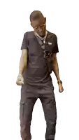 a man wearing a black shirt and black pants is standing