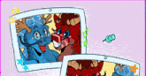 a cartoon drawing of a blue dragon and a red horse