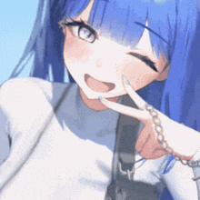 a girl with blue hair is wearing a white shirt