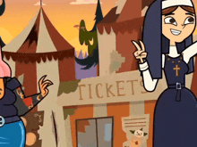 a nun and a girl are standing in front of a ticket booth