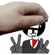 a cartoon character in a suit and tie is giving a peace sign while a hand holds his head .