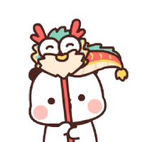 a cartoon of a panda wearing a dragon hat and holding a red stick .