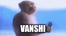 a monkey is holding a cell phone in its hand and says vanshi .