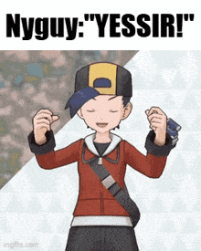 a cartoon character is wearing a red jacket and a blue hat and says nyguy : yessir !