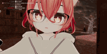 a screenshot of a video game with a girl wearing glasses and a tree in the background