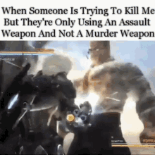 a man is holding a gun in a video game while someone is trying to kill him .