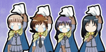 a group of cartoon characters are holding up their hands in the air