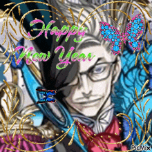 a picture of a man with glasses and the words happy new year on it