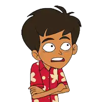a cartoon boy with his arms crossed is wearing a hawaiian shirt