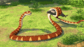 a couple of snakes standing next to each other on a grassy field