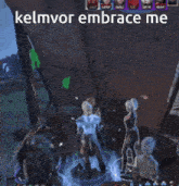 a screenshot of a video game with the words kelmvor embrace me at the top