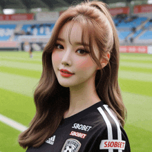 a girl with a ponytail wears a shirt that says sbobet