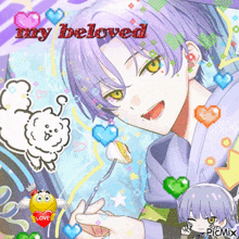 a picture of a boy with purple hair and the words " my beloved "