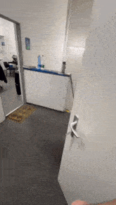 a person is opening a door to a room with a counter in the background .