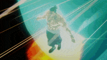 a man in a ponytail is flying through a blue light
