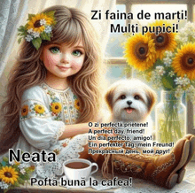 a painting of a little girl with a dog and a cup of coffee