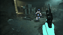 a drawing of a person holding a gun in a room