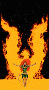 a woman in a green dress is surrounded by flames and a phoenix