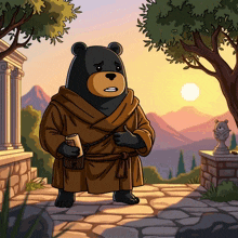 a cartoon drawing of a bear in a robe holding a piece of paper