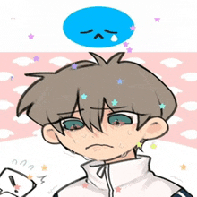 a drawing of a boy with a sad face and a blue ball on his head