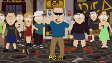a group of people are standing in a room with a sign that says pca on it