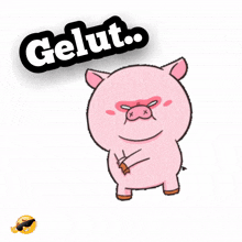 a cartoon pig with a bandage on its arm and the word gelut above it