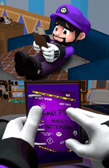 a cartoon character is sitting on a couch holding a notebook that says " smg3 's sussy notebook "