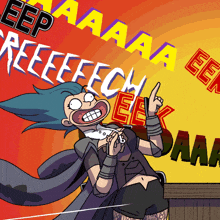 a cartoon drawing of a woman with a knife and the words eep reeeeetch eek