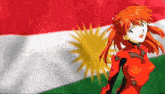 a girl in a red suit is standing in front of a flag