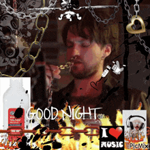 a man smoking a cigarette with the words good night i love music on the bottom right