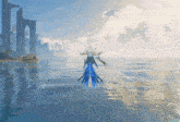 a woman in a blue dress is standing in a body of water