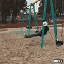 a person is sitting on a swing in a park with a cartoon character on it .