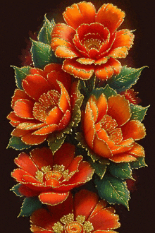 a bunch of orange flowers with green leaves