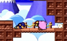 a video game scene with a pink character on a wooden bridge
